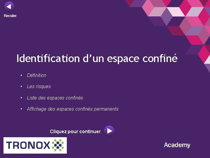 Reculer Identification d’un espace confiné • Définition • Les risques • Liste des espaces