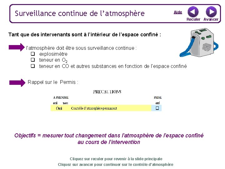 Surveillance continue de l’atmosphère Aide Reculer Avancer Tant que des intervenants sont à l’intérieur