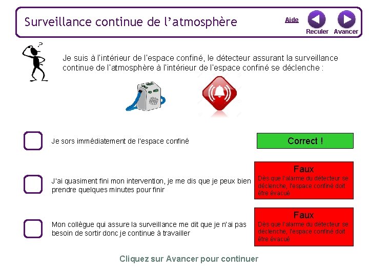 Surveillance continue de l’atmosphère Aide Reculer Avancer Je suis à l’intérieur de l’espace confiné,