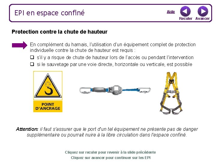 EPI en espace confiné Aide Reculer Avancer Protection contre la chute de hauteur En