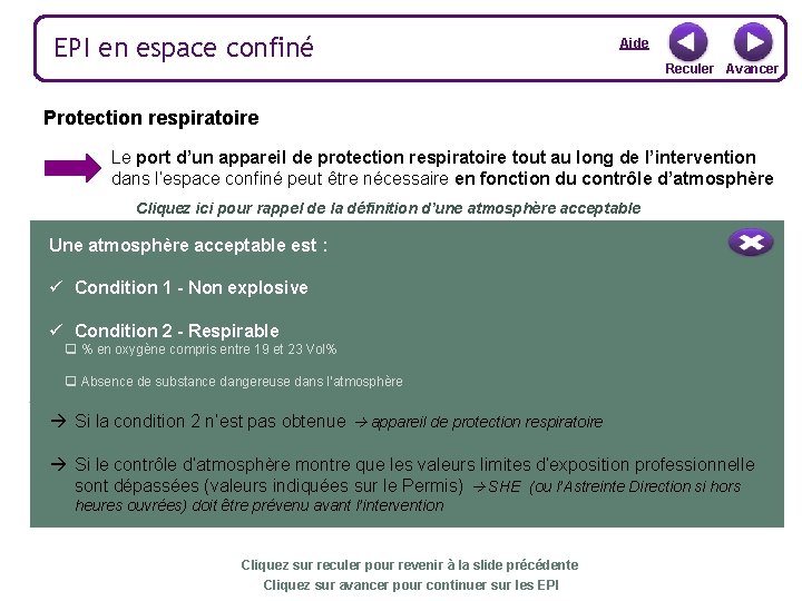 EPI en espace confiné Aide Reculer Avancer Protection respiratoire Le port d’un appareil de