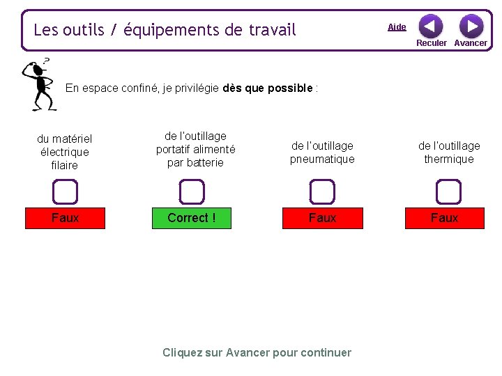 Les outils / équipements de travail Aide Reculer Avancer En espace confiné, je privilégie