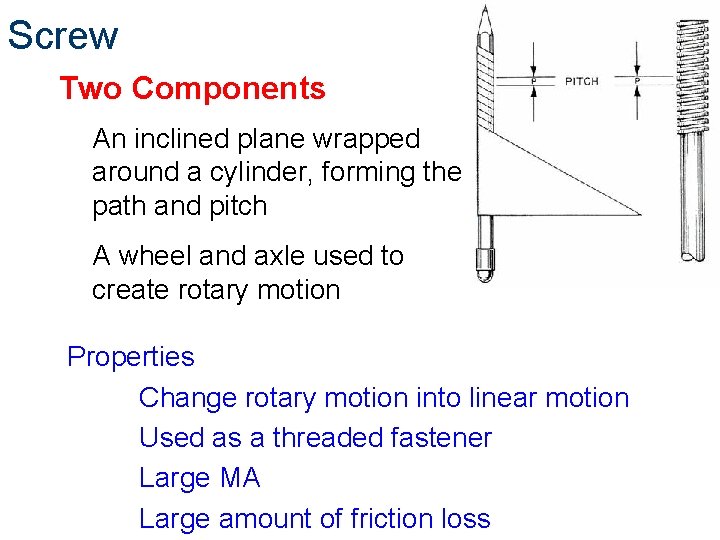Screw Two Components An inclined plane wrapped around a cylinder, forming the path and