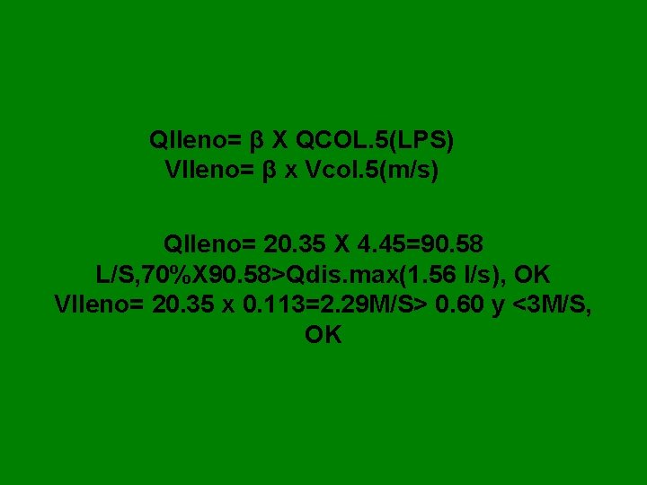 Qlleno= β X QCOL. 5(LPS) Vlleno= β x Vcol. 5(m/s) Qlleno= 20. 35 X