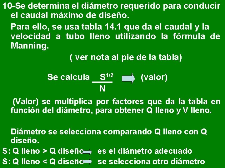 10 -Se determina el diámetro requerido para conducir el caudal máximo de diseño. Para