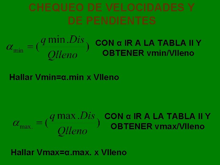 CHEQUEO DE VELOCIDADES Y DE PENDIENTES CON α IR A LA TABLA II Y