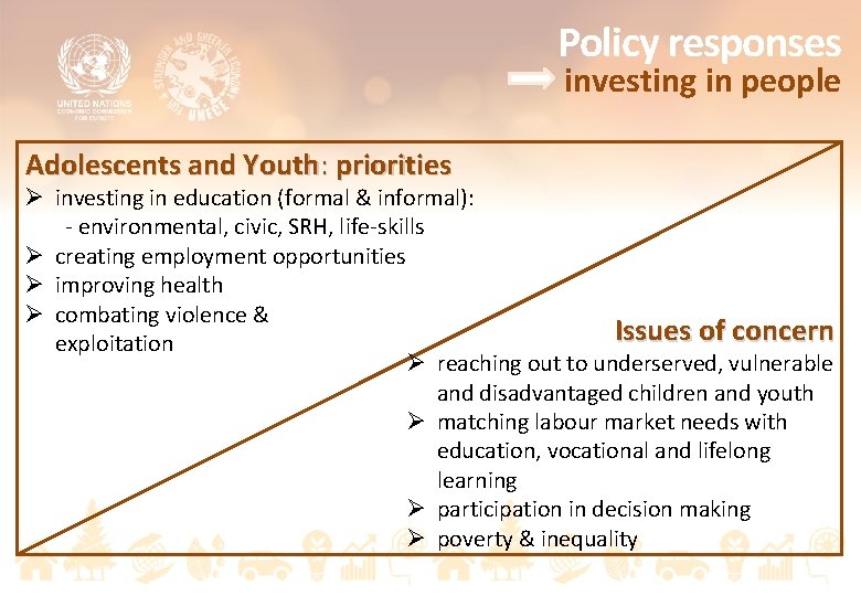 Policy responses investing in people Adolescents and Youth: priorities Ø investing in education (formal