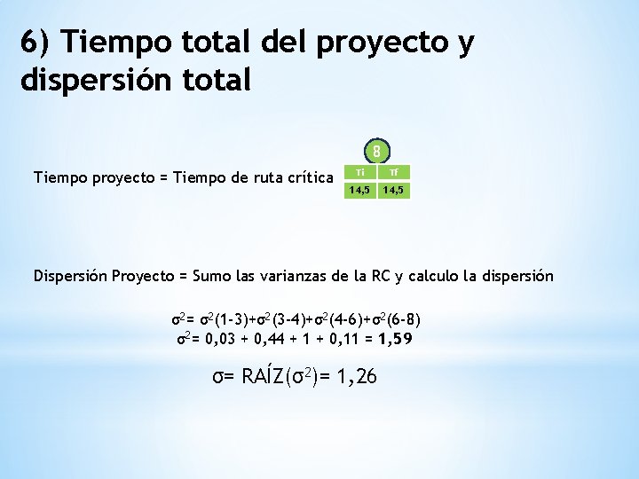 6) Tiempo total del proyecto y dispersión total 8 Tiempo proyecto = Tiempo de