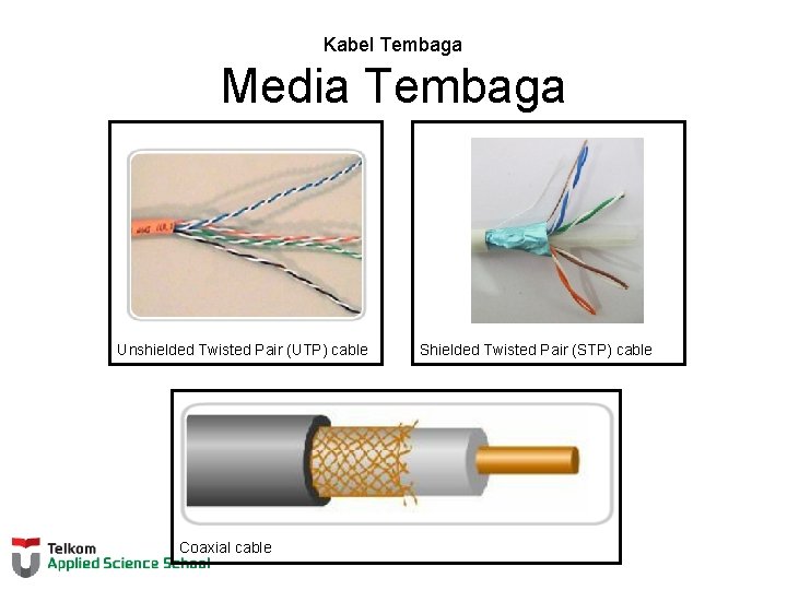 Kabel Tembaga Media Tembaga Unshielded Twisted Pair (UTP) cable Coaxial cable Shielded Twisted Pair