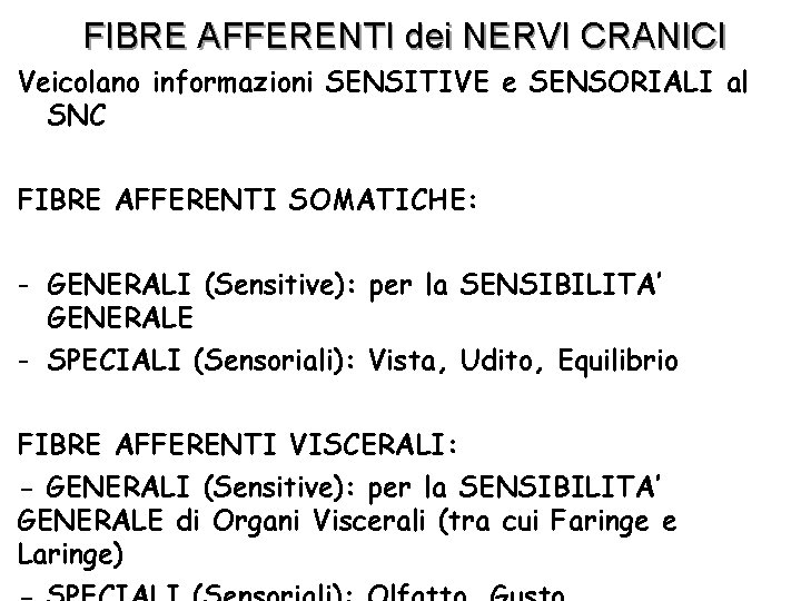 FIBRE AFFERENTI dei NERVI CRANICI Veicolano informazioni SENSITIVE e SENSORIALI al SNC FIBRE AFFERENTI