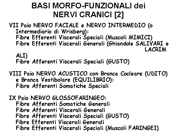 BASI MORFO-FUNZIONALI dei NERVI CRANICI [2] VII Paio NERVO FACIALE e NERVO INTERMEDIO (o