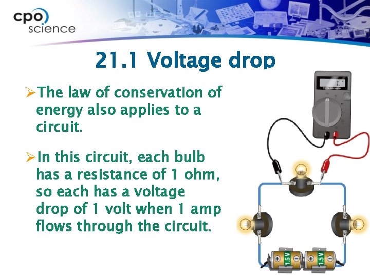 21. 1 Voltage drop ØThe law of conservation of energy also applies to a