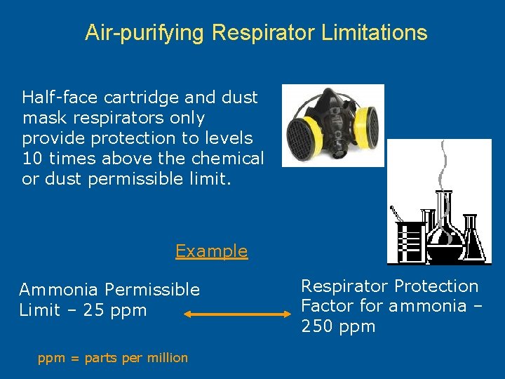 Respirator Protection Factor Air-purifying Limitations Half-face cartridge and dust mask respirators only provide protection