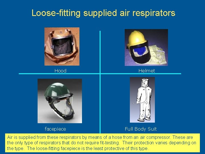 Loose-fitting supplied air respirators Hood facepiece Helmet Full Body Suit Air is supplied from