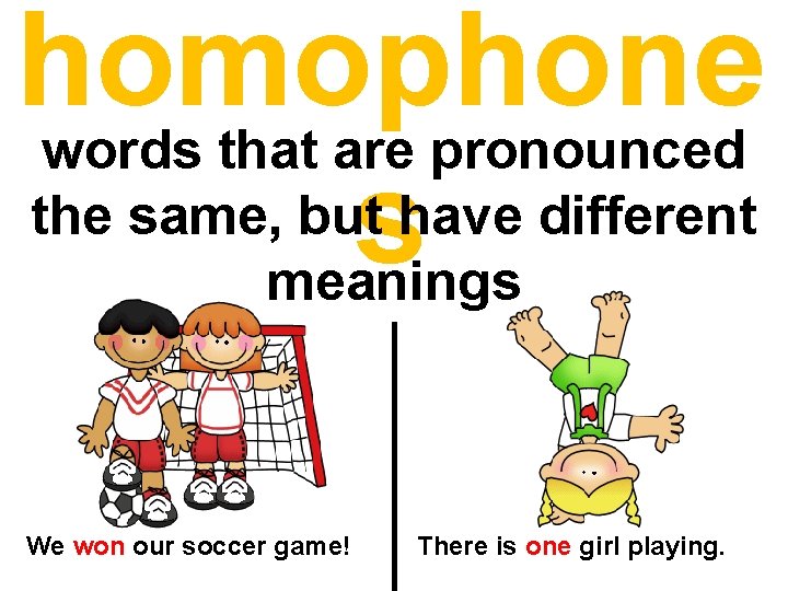 homophone words that are pronounced the same, but have different s meanings We won homophone words that are pronounced the same, but have different s meanings We won