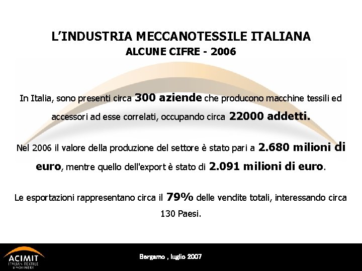 L’INDUSTRIA MECCANOTESSILE ITALIANA ALCUNE CIFRE - 2006 In Italia, sono presenti circa 300 aziende