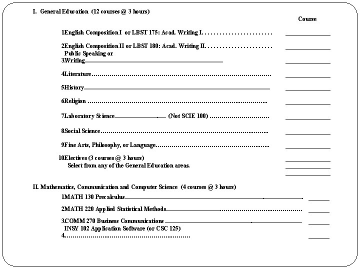 I. General Education (12 courses @ 3 hours) Course 1. English Composition I or