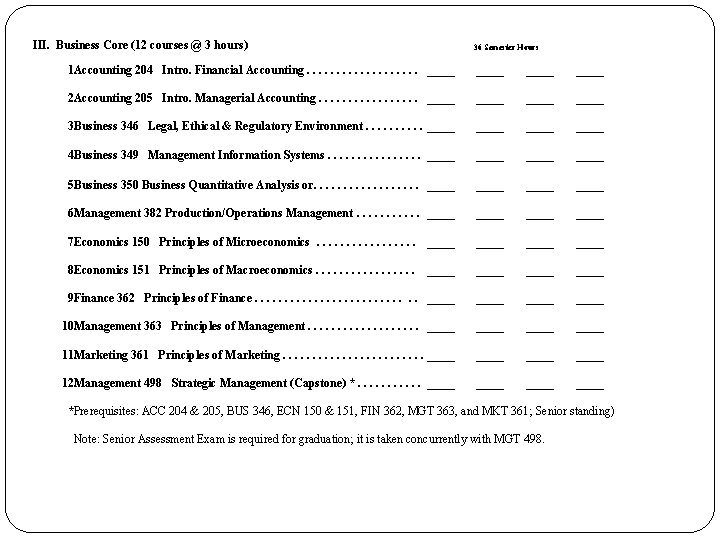 III. Business Core (12 courses @ 3 hours) 36 Semester Hours 1. Accounting 204