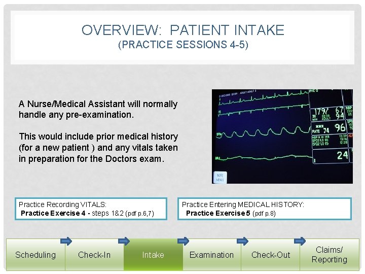 OVERVIEW: PATIENT INTAKE (PRACTICE SESSIONS 4 -5) A Nurse/Medical Assistant will normally handle any