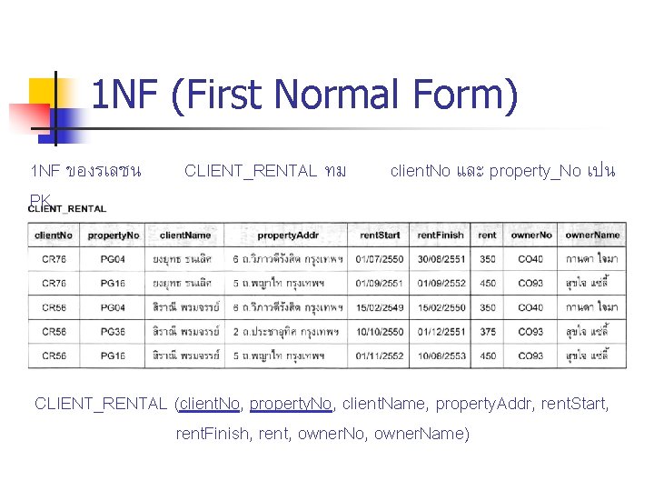 1 NF (First Normal Form) 1 NF ของรเลชน PK CLIENT_RENTAL ทม client. No และ 1 NF (First Normal Form) 1 NF ของรเลชน PK CLIENT_RENTAL ทม client. No และ