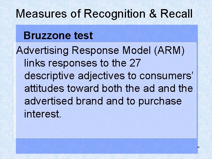 Measures of Recognition & Recall Bruzzone test Advertising Response Model (ARM) links responses to