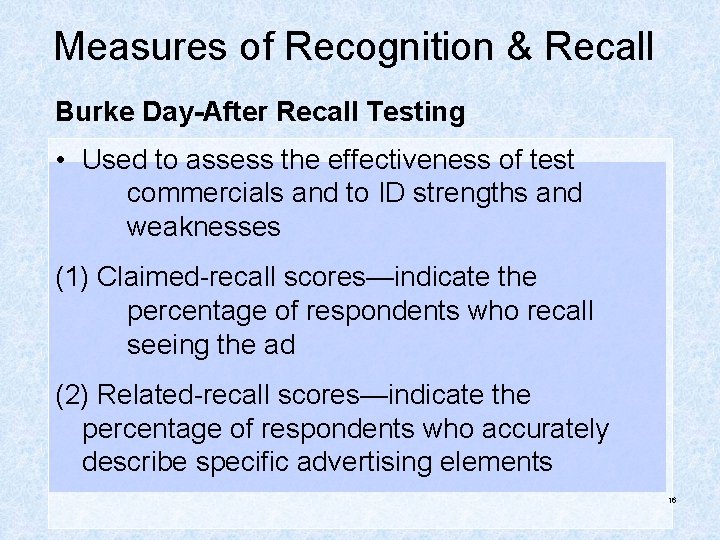 Measures of Recognition & Recall Burke Day-After Recall Testing • Used to assess the