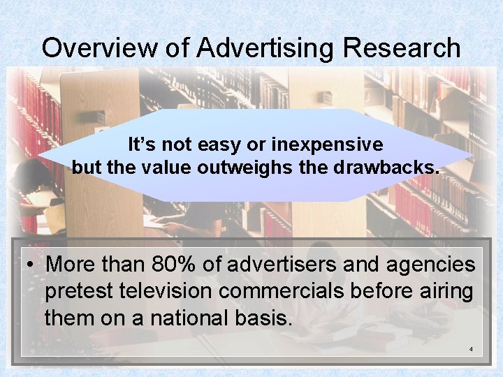Overview of Advertising Research It’s not easy or inexpensive but the value outweighs the