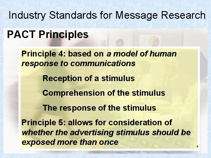 Industry Standards for Message Research PACT Principles Principle 4: based on a model of