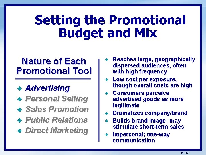 Setting the Promotional Budget and Mix Nature of Each Promotional Tool Advertising Personal Selling