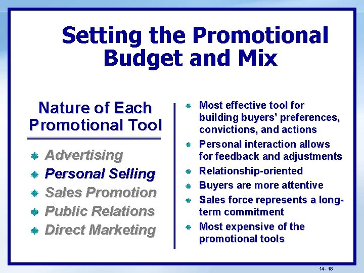 Setting the Promotional Budget and Mix Nature of Each Promotional Tool Advertising Personal Selling
