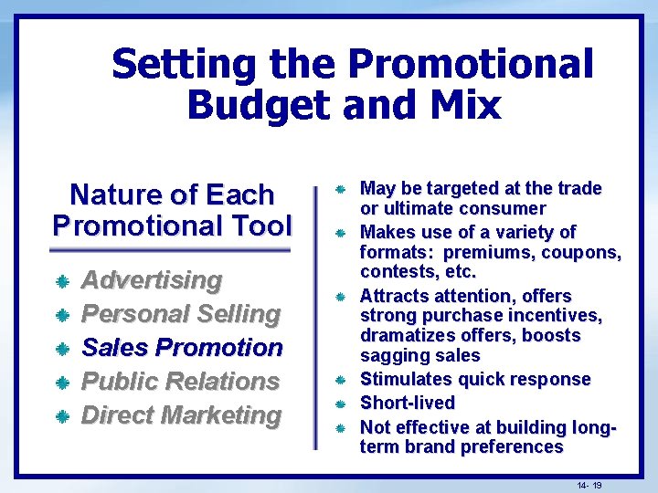 Setting the Promotional Budget and Mix Nature of Each Promotional Tool Advertising Personal Selling