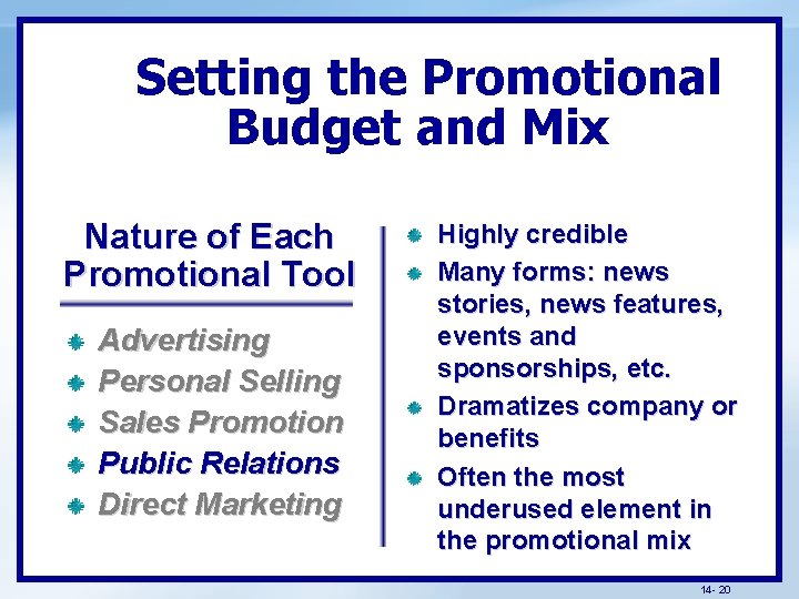 Setting the Promotional Budget and Mix Nature of Each Promotional Tool Advertising Personal Selling