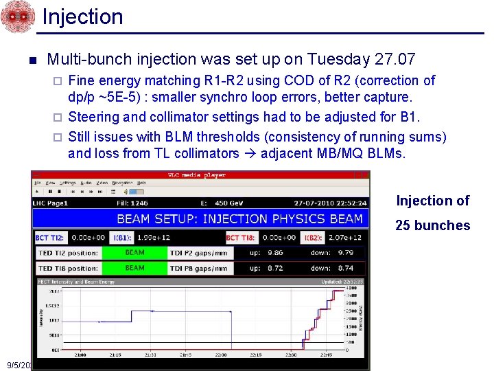 Injection n Multi-bunch injection was set up on Tuesday 27. 07 Fine energy matching