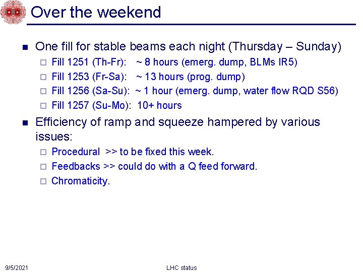 Over the weekend n One fill for stable beams each night (Thursday – Sunday)