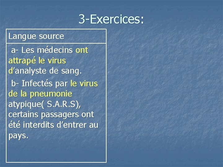 3 -Exercices: Langue source a- Les médecins ont attrapé le virus d’analyste de sang.