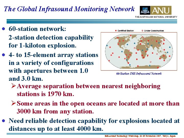 The Global Infrasound Monitoring Network THE AUSTRALIAN NATIONAL UNIVERSITY · 60 -station network: 2