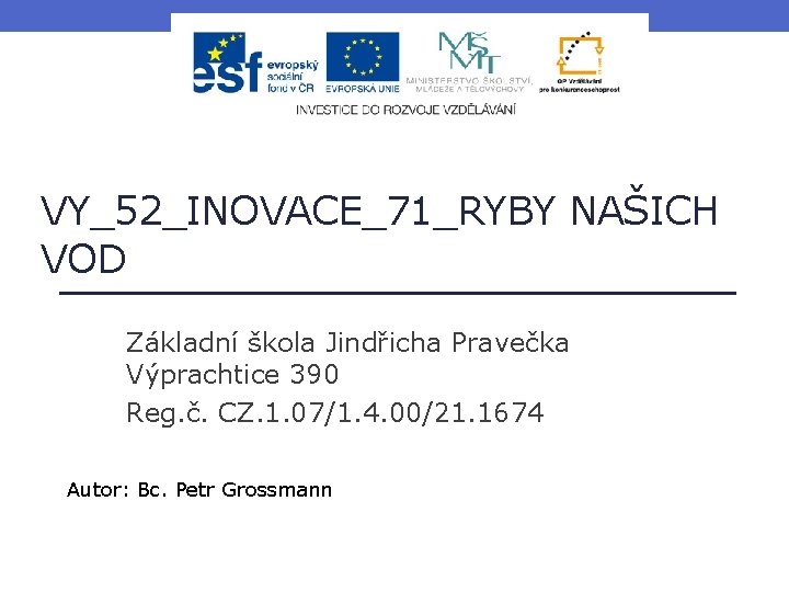 VY_52_INOVACE_71_RYBY NAŠICH VOD Základní škola Jindřicha Pravečka Výprachtice 390 Reg. č. CZ. 1. 07/1.