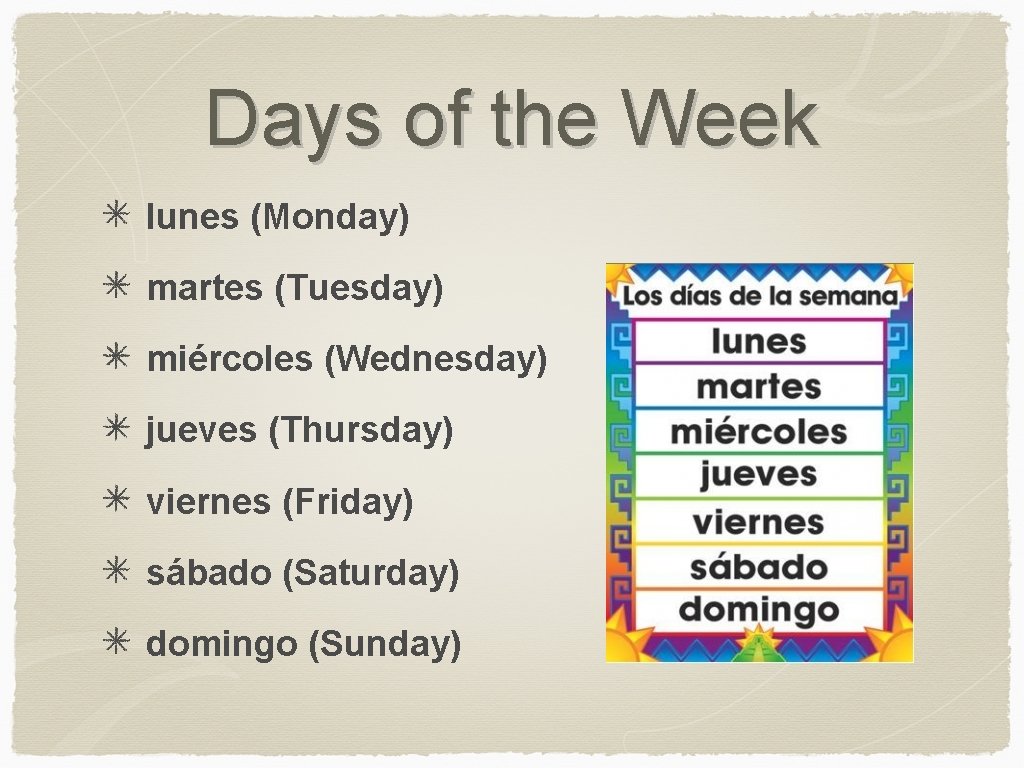 Days of the Week lunes (Monday) martes (Tuesday) miércoles (Wednesday) jueves (Thursday) viernes (Friday)