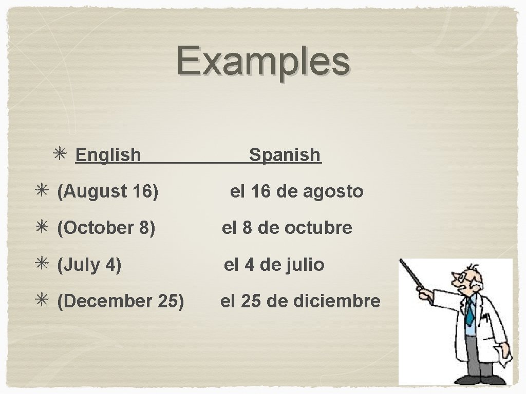 Examples English (August 16) Spanish el 16 de agosto (October 8) el 8 de