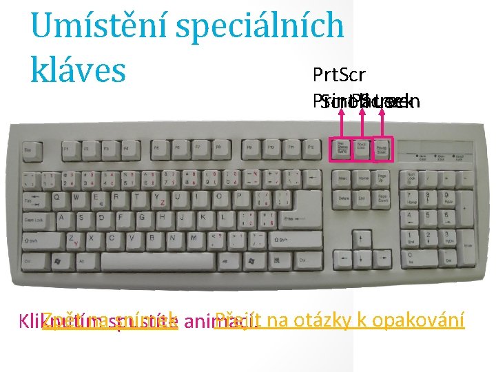 Umístění speciálních Prt. Scr kláves Pause Print Screen Scroll Lock Přejít na otázky k
