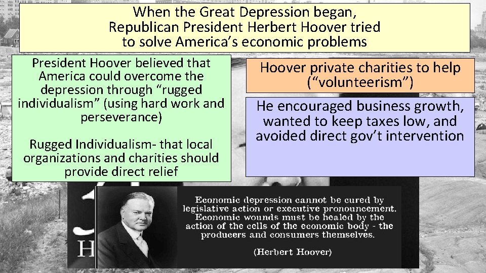 When the Great Depression began, Republican President Herbert Hoover tried to solve America’s economic