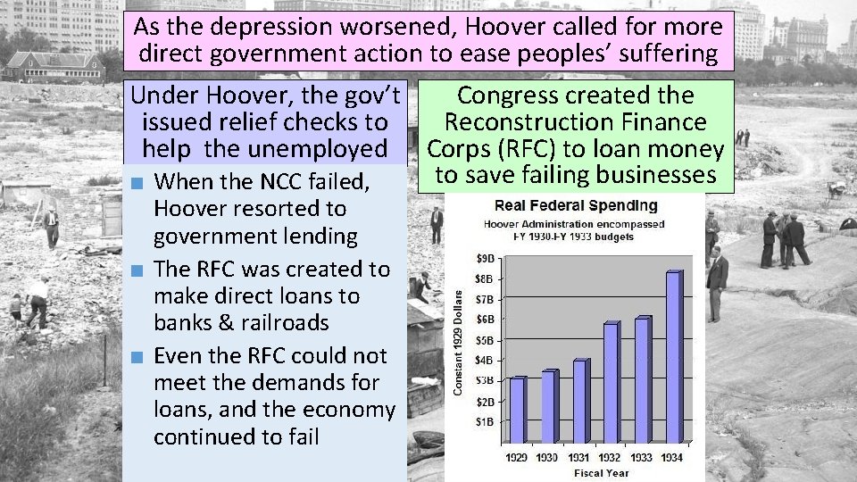 As the depression worsened, Hoover called for more direct government action to ease peoples’