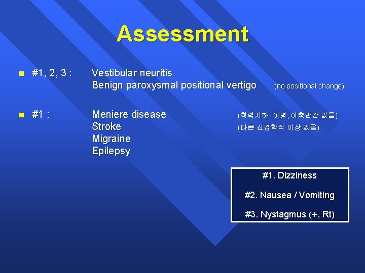 Assessment n n #1, 2, 3 : #1 : Vestibular neuritis Benign paroxysmal positional