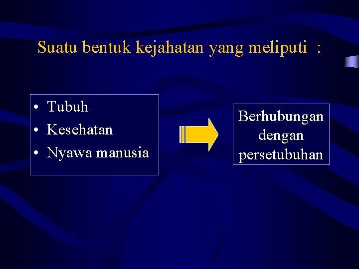 Suatu bentuk kejahatan yang meliputi : • • • Tubuh Kesehatan Nyawa manusia Berhubungan