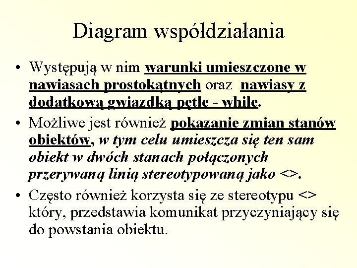 Diagram współdziałania • Występują w nim warunki umieszczone w nawiasach prostokątnych oraz nawiasy z