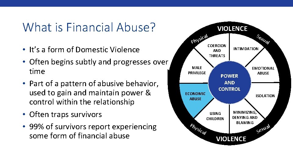 What is Financial Abuse? • It’s a form of Domestic Violence • Often begins