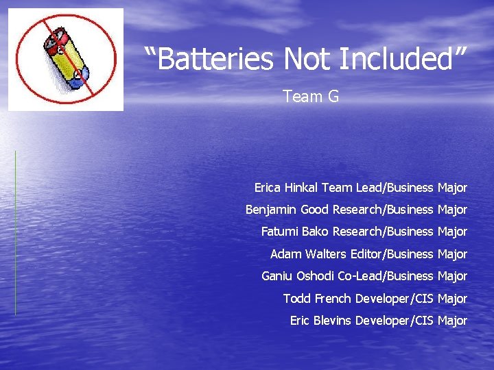 “Batteries Not Included” Team G Erica Hinkal Team Lead/Business Major Benjamin Good Research/Business Major