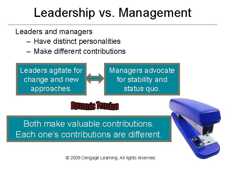 Leadership vs. Management Leaders and managers – Have distinct personalities – Make different contributions