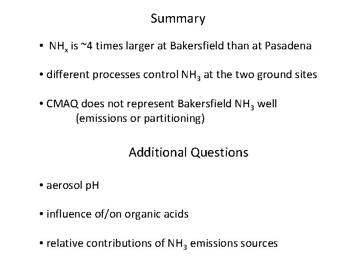 Summary • NHx is ~4 times larger at Bakersfield than at Pasadena • different