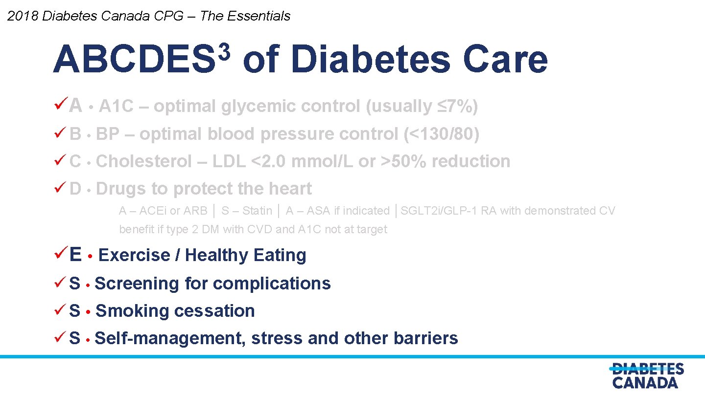 2018 Diabetes Canada CPG – The Essentials 3 ABCDES of Diabetes Care üA •